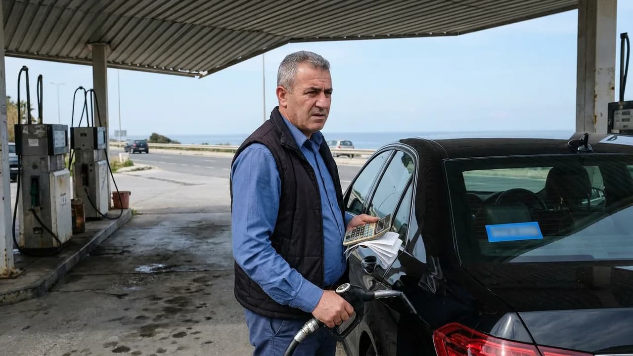 A chauffeur refuels a black sedan at a petrol station on the Torremolinos coast, holding a calculator and receipts, working out what each kilometre costs him