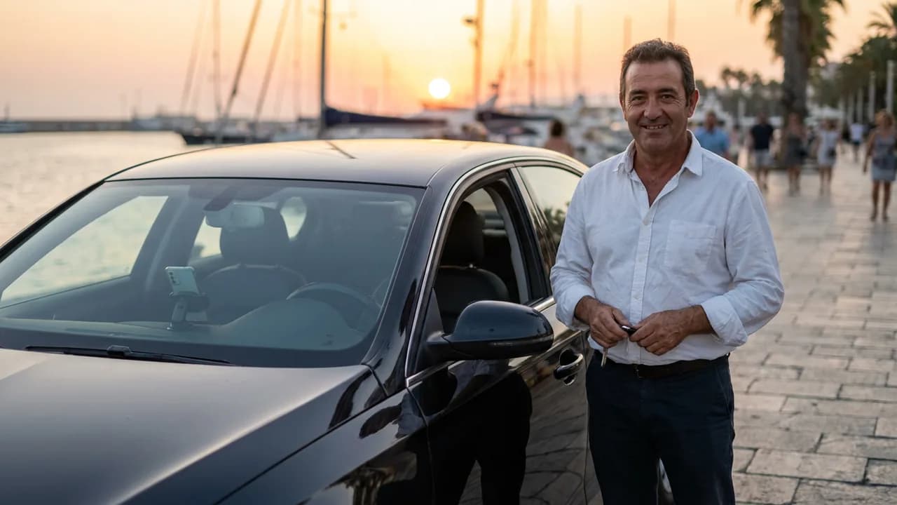 A driver in a white shirt holding his car keys, proudly standing beside his own black sedan on the Malaga port promenade at sunset