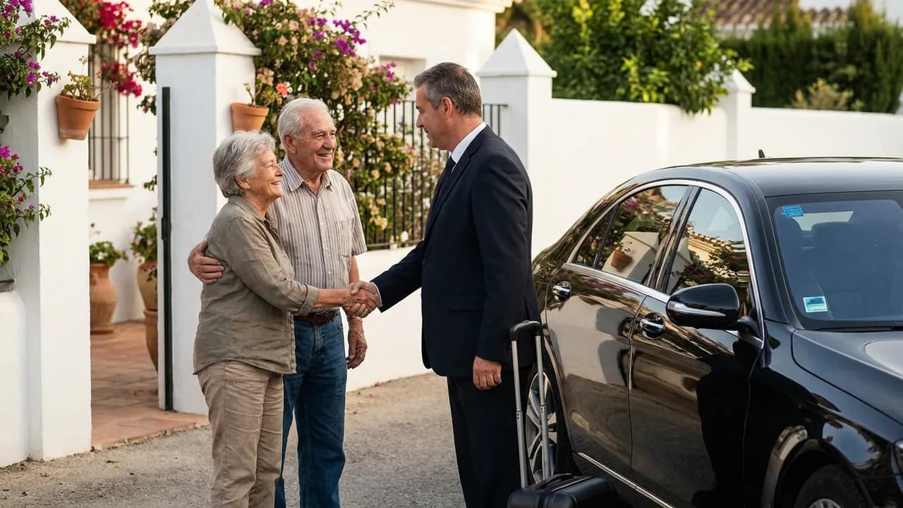 A chauffeur shaking hands with an elderly tourist couple who book with him again and again, in front of his black sedan and a white Andalusian house with bougainvillea