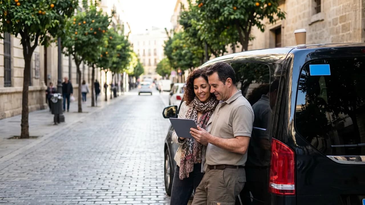 The owner of a small transfer company and her driver lean on a black minivan on a Malaga street lined with orange trees, looking at a tablet together on their first morning with the platform