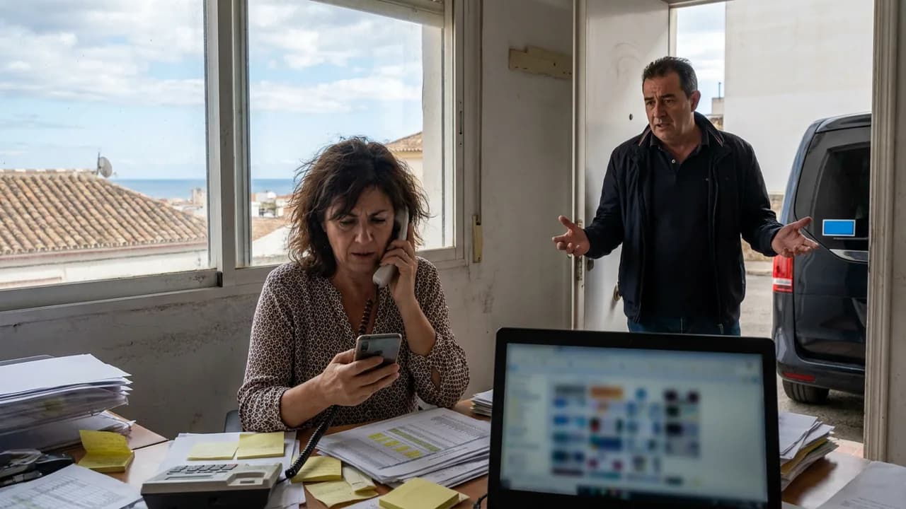 A dispatcher in an office full of sticky notes and printouts talks on one phone while looking at another, as a driver asks her something from the doorway: WhatsApp and a spreadsheet are no longer enough