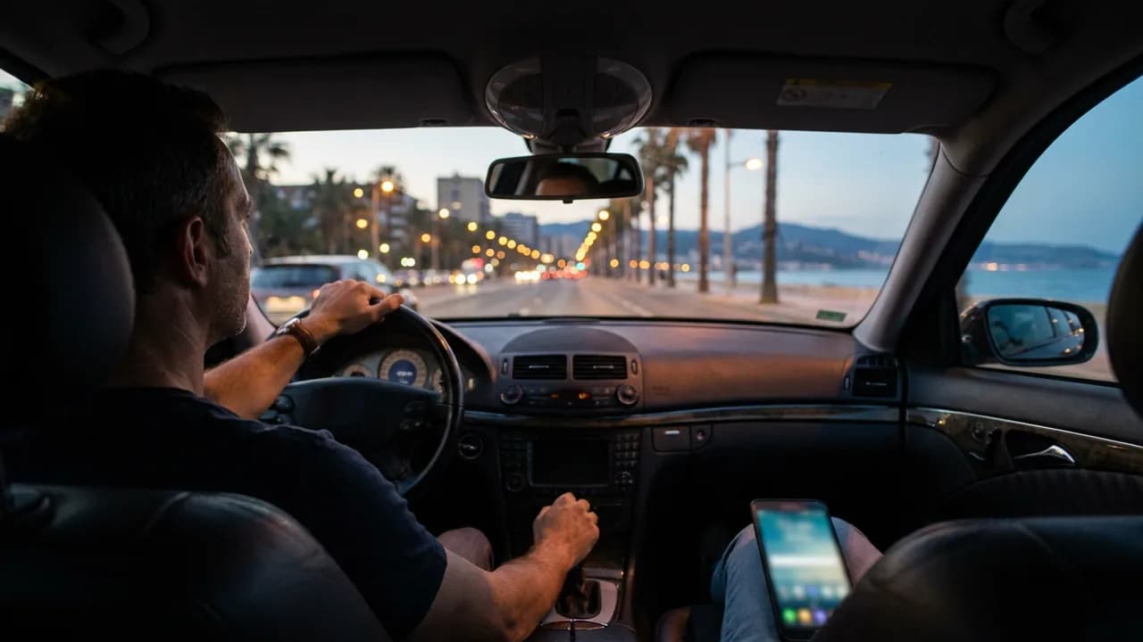 A driver at the wheel at dusk on the Malaga seafront while a phone rings unanswered on the passenger seat