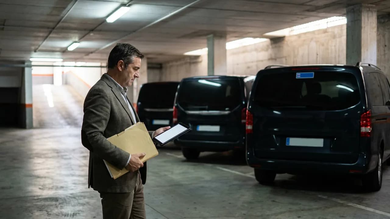 A fleet owner with a folder of documents and a tablet in an underground car park with three black vans lined up, planning where to start
