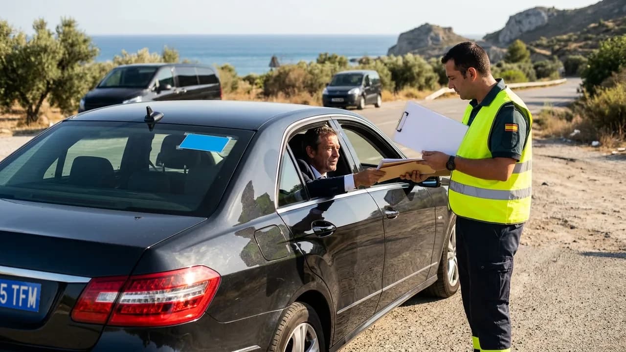Un agente en un control de carretera en la costa andaluza revisa la documentación que le entrega un conductor VTC desde su berlina negra
