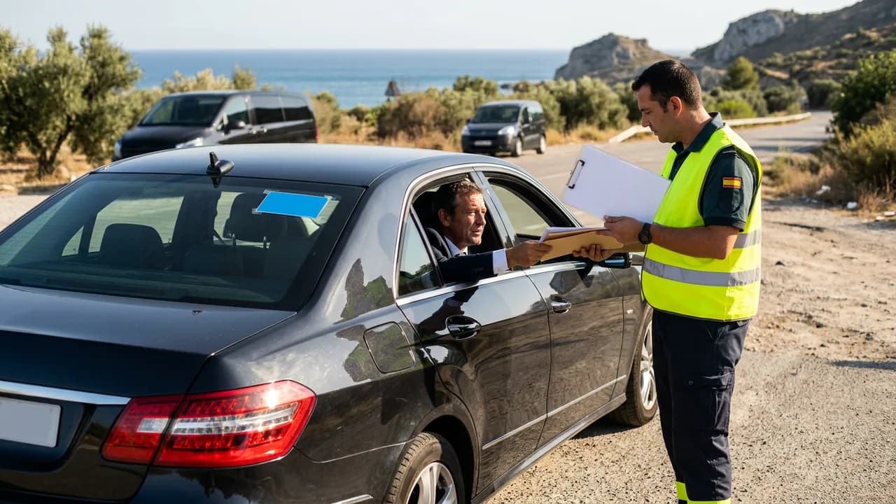 An officer at a roadside check on the Andalusian coast reviews the paperwork a VTC chauffeur hands over from his black sedan