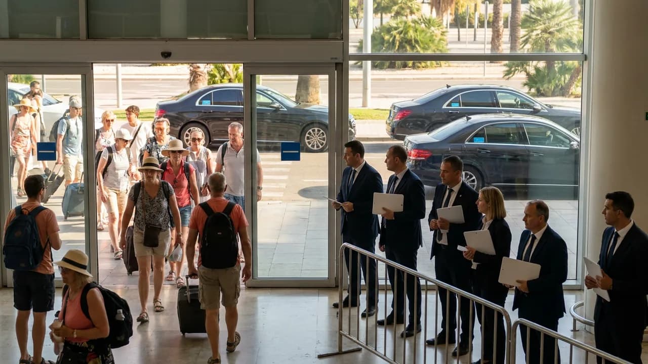 Tourists with suitcases and sun hats walk through the arrivals doors at Malaga airport in peak summer while a row of chauffeurs in suits waits behind the barrier