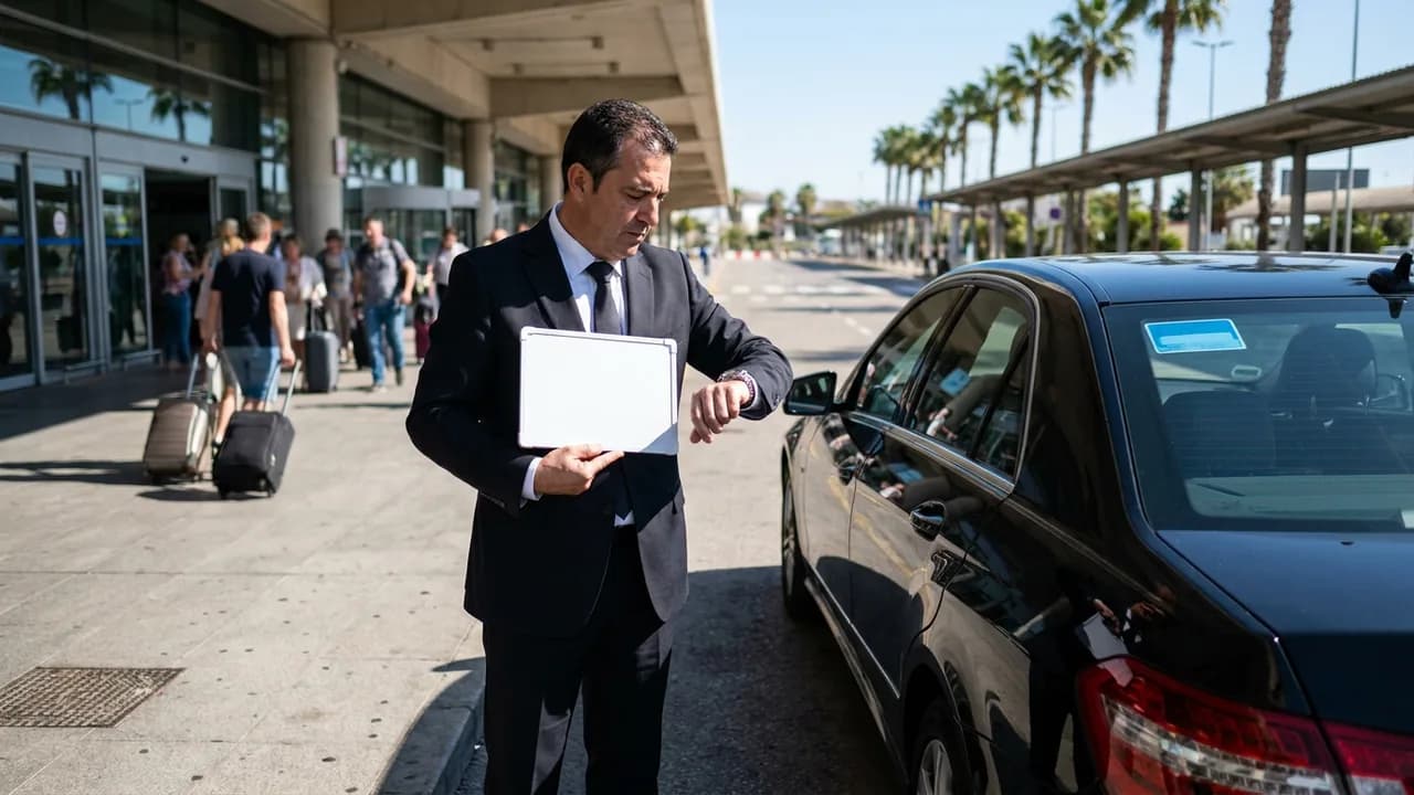 A VTC chauffeur in a suit beside his black sedan in the pick-up lane at Malaga airport, holding a blank sign and checking his watch while waiting for a passenger who has not shown up