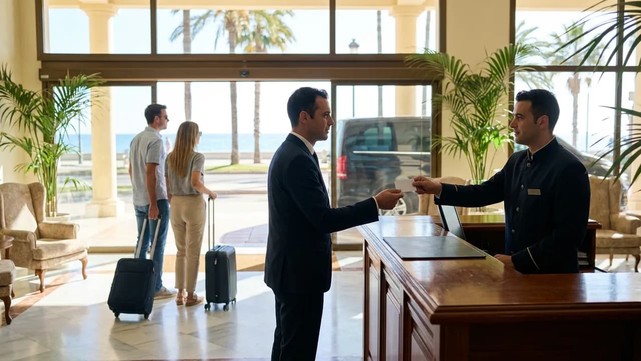 A hotel concierge hands a printed voucher to a chauffeur in a suit in the lobby of a four-star Costa del Sol hotel, with a couple and their luggage waiting