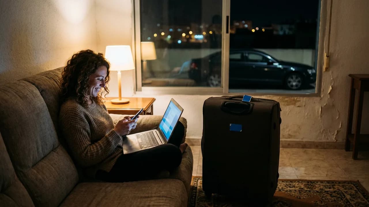 Una viajera en el sofá de un apartamento de Málaga, de noche y con la maleta lista, confirma su traslado con un solo toque en el móvil